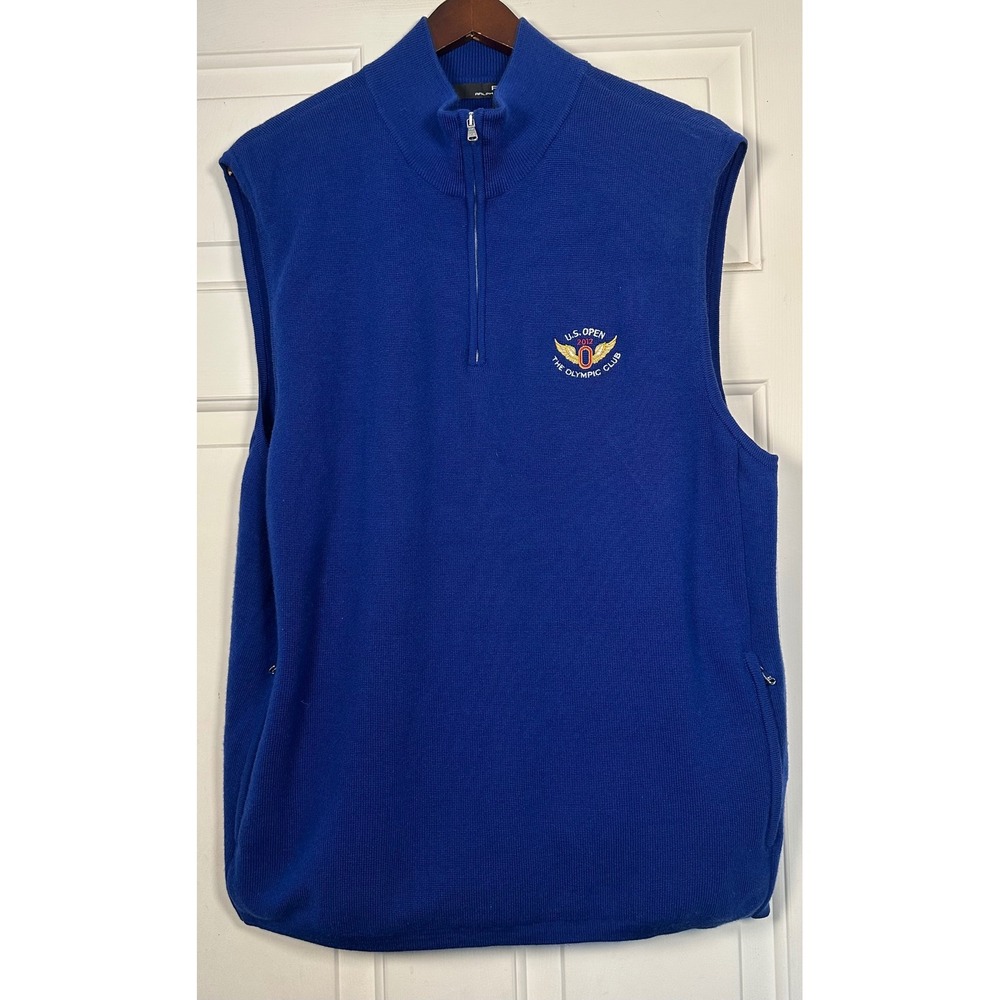RLX Ralph Lauren Mens Blue 100% Merino Wool 2012 US Open‎ Golf Sweater Vest XL